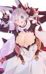 Rule 34 | 1girl, black gloves, blue eyes, bracelet, breasts, cleavage, cleavage cutout, clothing cutout, collar, double v, dress, elphelt valentine, fingerless gloves, gloves, guilty gear, guilty gear xrd, hairband, highres, jewelry, large breasts, licking lips, one eye closed, smile, solo, spiked bracelet, spiked collar, spiked hairband, spikes, tongue, tongue out, v, wedding dress, white background, white dress, white hair, xu sanchuan