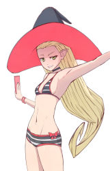 Rule 34 | 1girl, :d, arm up, armpits, bikini, black hat, black neckwear, blonde hair, bow, bracelet, breasts, choker, collarbone, cowboy shot, green eyes, grin, hat, highres, holding, jewelry, kuso otoko, long hair, looking at viewer, magilou (tales), navel, open mouth, outstretched arm, pointy ears, red bow, sideboob, simple background, small breasts, smile, solo, stomach, striped bikini, striped clothes, swimsuit, tales of (series), tales of berseria, very long hair, white background, witch hat