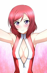 Rule 34 | 10s, 1girl, bare shoulders, blush, breasts, embarrassed, front zipper swimsuit, gradient background, highres, kenken, looking at viewer, love live!, love live! school idol project, meme attire, nishikino maki, one-piece swimsuit, purple eyes, red hair, short hair, small breasts, solo, swimsuit, zipper