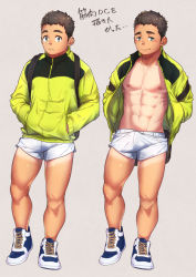 Rule 34 | 1boy, abs, bara, bare pectorals, blue eyes, bulge, erection, erection under clothes, full body, gakki (gaku suru), jacket, light blush, male focus, navel, nipples, open clothes, open jacket, original, pectorals, shoes, short hair, short shorts, shorts, sideburns, sneakers, stomach, tan, tanline, thick thighs, thighs, toned, toned male, unzipped, white shorts