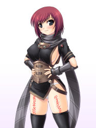 Rule 34 | 1girl, abu, breasts, covered erect nipples, fantasy, nel zelpher, panties, red hair, scarf, sideboob, solo, square enix, star ocean, star ocean till the end of time, tattoo, thighhighs, underwear