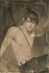 Rule 34 | 1boy, abs, arm support, art of neight, artist name, belt, brown theme, chainsaw man, closed mouth, commentary, cowboy shot, earrings, english commentary, hayakawa aki, highres, jewelry, logo, looking at viewer, male focus, monochrome, nipples, pants, sitting, solo, stud earrings, sword, topknot, topless male, twitter logo, weapon, weapon on back