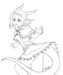 Rule 34 | 1girl, :d, alice margatroid, animal ears, ass, capelet, claws, commentary request, dragon girl, dragon horns, dragon tail, dress, fins, greyscale, hairband, head fins, highres, horns, less, looking at viewer, looking back, monochrome, monsterification, open mouth, sharp teeth, short dress, short hair, simple background, smile, solo, standing, tail, teeth, touhou, white background