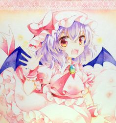 Rule 34 | 1girl, :d, ascot, bat wings, colored pencil (medium), hat, kurisu sai, looking at viewer, open mouth, purple hair, red eyes, remilia scarlet, shikishi, short hair, smile, solo, touhou, traditional media, wings, wrist cuffs