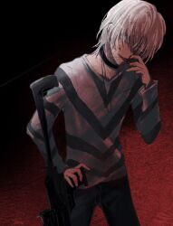 Rule 34 | 1boy, accelerator (toaru majutsu no index), albino, black choker, black pants, blood, blood on face, blood on hands, cane, choker, cowboy shot, crutch, diagonal-striped shirt, electrodes, faux traditional media, highres, holding, holding cane, holding crutch, long sleeves, looking at viewer, official alternate costume, pale skin, pants, red background, red eyes, sanpaku, shirt, short hair, solo, standing, striped clothes, striped shirt, toaru majutsu no index, two-tone shirt, un welcomed, v-neck, white hair