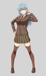 Rule 34 | 10s, 1girl, aqua eyes, aqua hair, ascot, blazer, breasts, brown footwear, brown skirt, brown thighhighs, buttons, full body, grey background, hair ornament, hairclip, hand on own hip, ishii hisao, jacket, kantai collection, loafers, long hair, long sleeves, medium breasts, pleated skirt, ruffling hair, school uniform, shoes, simple background, skirt, smile, solo, standing, suzuya (kancolle), thighhighs, zettai ryouiki