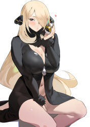 Rule 34 | 1girl, bare legs, between legs, black coat, black nails, blonde hair, blush, bottomless, breasts, cleavage, coat, commentary, creatures (company), cynthia (pokemon), fur-trimmed sleeves, fur collar, fur trim, game freak, grey eyes, hair ornament, hair over one eye, hand between legs, hand up, heart, ikuchan kaoru, large breasts, long hair, long sleeves, looking at viewer, navel, nintendo, poke ball, pokemon, pokemon dppt, puckered lips, revision, simple background, sitting, solo, thighs, ultra ball, very long hair, white background