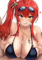 Rule 34 | 1boy, 1girl, :q, absurdres, ahoge, azur lane, bikini, black bikini, blush, breasts, cleavage, collarbone, commentary request, cum, cum on body, cum on breasts, cum on upper body, ejaculation between breasts, goggles, goggles on head, grabbing own breast, hair ornament, heart, hetero, highres, huge breasts, looking at viewer, momo no sukebe, paizuri, paizuri under clothes, red hair, side ponytail, simple background, solo focus, sweat, swimsuit, tongue, tongue out, upper body, whistle, whistle around neck, white background, yellow eyes, zara (azur lane), zara (poolside coincidence) (azur lane)