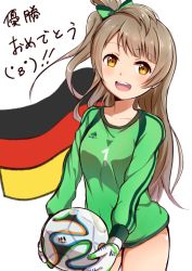 Rule 34 | 10s, 1girl, 2014 fifa world cup, :d, bad id, bad pixiv id, ball, blush, bow, brazuca, brown hair, clothes writing, german flag, germany, gloves, goalkeeper, hair bow, k@ito90p, long hair, looking at viewer, love live!, love live! school idol project, minami kotori, open mouth, side ponytail, smile, soccer, soccer ball, soccer uniform, solo, sportswear, translated, world cup, yellow eyes