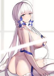 Rule 34 | 1girl, ass, azur lane, bar censor, blue eyes, blush, breasts, censored, commentary request, hair ornament, hair ribbon, illustrious (azur lane), illustrious (maiden lily&#039;s radiance) (azur lane), large breasts, long hair, looking at viewer, mole, mole under eye, ribbon, siu (siu0207), smile, solo, thighhighs, topless, white hair, white thighhighs
