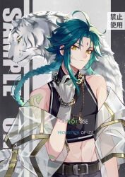 Rule 34 | 1boy, ahoge, alternate hair length, alternate hairstyle, anemo symbol (genshin impact), aqua hair, arm tattoo, bare shoulders, belt, belt buckle, black background, black shirt, braid, braided ponytail, brown belt, buckle, chain, chain necklace, chinese commentary, closed mouth, commentary request, crop top, diamond-shaped pupils, diamond (shape), expressionless, eyeshadow, facial mark, floating hair, forehead mark, genshin impact, glint, gloves, gold chain, green hair, hand up, highres, jacket, jewelry, long hair, looking at viewer, makeup, male focus, midriff, multicolored hair, navel, necklace, off shoulder, open clothes, open jacket, parted bangs, red eyeshadow, sample watermark, see-through, see-through jacket, shirt, sidelocks, simple background, single braid, sleeveless, sleeveless shirt, sleeveless turtleneck, solo, stomach, streaked hair, symbol-shaped pupils, tattoo, tiger, turtleneck, two-tone background, upper body, watermark, white background, white gloves, white tiger, xiao (genshin impact), xuelizi2, yellow eyes
