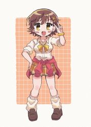 Rule 34 | 1girl, blush stickers, bow, bowtie, breasts, brown footwear, brown hair, checkered clothes, checkered skirt, clothes around waist, commentary request, dot nose, full body, gyaru, hair ornament, hairclip, hand on own hip, hand up, highres, honda mio, idolmaster, idolmaster cinderella girls, leg warmers, looking at viewer, medium breasts, open collar, open mouth, orange background, red sweater, scrunchie, shirt, shoes, short hair, skirt, sleeves pushed up, smile, solo, sweater, sweater around waist, v, white legwear, white shirt, wrist scrunchie, yakitouhu3, yellow bow, yellow bowtie, yellow eyes, yellow skirt