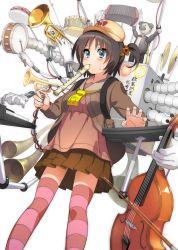 Rule 34 | 1girl, accordion, backpack, bag, black hair, blue eyes, blush, cello, cymbals, double bass, drum, flute, funamushi nomore, hat, horn (instrument), instrument, jacket, keyboard (instrument), mechanical arms, original, recorder, short hair, short twintails, single mechanical arm, skirt, solo, sweatdrop, tambourine, thighhighs, trumpet, twintails