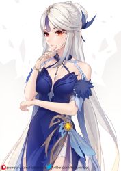 Rule 34 | 1girl, bare shoulders, blue dress, blush, breasts, cleavage, dress, genshin impact, hair ornament, helloimtea, highres, large breasts, long hair, looking at viewer, ningguang (genshin impact), ningguang (orchid&#039;s evening gown) (genshin impact), parted bangs, red eyes, sidelocks, solo, tassel, white hair