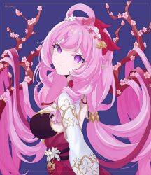 Rule 34 | 1girl, bell, blue background, branch, breasts, cherry blossoms, cl aoulr7, closed mouth, dress, elf, elysia (herrscher of human: ego) (honkai impact), elysia (honkai impact), elysia (peachy spring) (honkai impact), flower, hair bell, hair flower, hair ornament, highres, honkai (series), honkai impact 3rd, long hair, long sleeves, looking at viewer, pink eyes, pink hair, pink pupils, pointy ears, puffy long sleeves, puffy sleeves, red dress, smile, solo, twitter username, upper body, very long hair