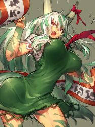Rule 34 | 1girl, bouncing breasts, breasts, contrapposto, dress, ex-keine, fang, female focus, green dress, green hair, horn ornament, horn ribbon, horns, huge breasts, kamishirasawa keine, long hair, looking at viewer, melon22, multicolored hair, open mouth, red eyes, ribbon, scroll, short dress, solo, standing, touhou, two-tone hair, very long hair, white hair