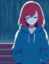 Rule 34 | #1027 (limited), 1girl, bench, blue sweater, closed eyes, closed mouth, highres, limited, long hair, night, official art, rain, red eyes, shirt, sitting, smile, solo, sweater, white shirt