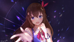 Rule 34 | 1girl, :d, absurdres, aiguillette, beckoning, blue eyes, blue vest, blush, brown eyes, brown hair, collared shirt, diamond hair ornament, hair between eyes, hair flaps, hair ornament, hair ribbon, hairclip, highres, hololive, idol, long hair, looking at viewer, neck ribbon, open mouth, outstretched hand, reaching, reaching towards viewer, red ribbon, ribbon, shirt, signature, sleeveless, sleeveless shirt, smile, solo, star (symbol), star hair ornament, tokino sora, tokino sora (1st costume), twitter username, upper body, vest, virtual youtuber, white shirt, wnaph, wrist cuffs