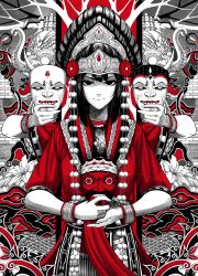 Rule 34 | 1girl, black hair, elephant, greyscale, headdress, highres, holding, holding mask, indonesian clothes, long hair, looking at viewer, mask, monochrome, original, pom pom (clothes), red shirt, shirt, spot color, wristband, yugo (yugotme97)