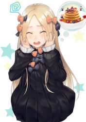Rule 34 | ^ ^, abigail williams (fate), bad id, bad pixiv id, black bow, black dress, blonde hair, blush, bow, closed eyes, dress, fate/grand order, fate (series), food, forehead, hair bow, hands on own face, kyoeiki, long hair, open mouth, orange bow, pancake, parted bangs, polka dot, polka dot bow, ribbed dress, solo, thought bubble, white background
