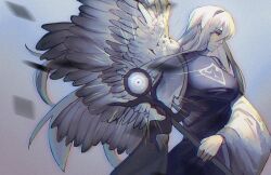Rule 34 | angel, angel wings, blue dress, dress, highres, holding, holding scepter, long hair, long sleeves, multiple wings, pandelia, red eyes, sariel (touhou), scepter, seraph, shirt, solo, touhou, touhou (pc-98), white hair, white shirt, wide sleeves, wings