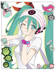 Rule 34 | 1girl, bag, blue hair, breasts, closed mouth, creatures (company), ershuihe, game freak, gen 5 pokemon, gloves, hair between eyes, hands on own cheeks, hands on own face, hatsune miku, headphones, highres, legendary pokemon, long hair, medium breasts, meloetta, meloetta (aria), mythical pokemon, nintendo, one eye closed, pokemon, project voltage, psychic miku (project voltage), shirt, short sleeves, single glove, sticker, twintails, upper body, very long hair, vocaloid, white gloves, white shirt