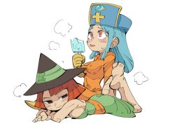 Rule 34 | 2girls, aqua hair, ass, bodysuit, breasts, closed mouth, dragon quest, dragon quest iii, dress, gloves, hat, hounori, long hair, mage (dq3), multiple girls, orange bodysuit, priest (dq3), short hair, simple background, skin tight, smile, white background, witch hat