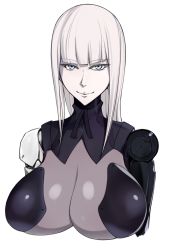 Rule 34 | 1girl, blame!, blue eyes, blunt bangs, breasts, cibo, cyborg, huge breasts, joints, long hair, looking at viewer, pale skin, robot joints, shoujo donburi, silver hair, simple background, smile, white background