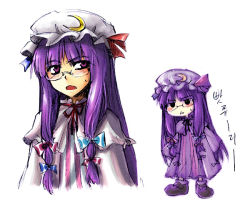 Rule 34 | 1girl, :&lt;, bespectacled, blush, bow, capelet, chibi, crescent, crescent moon, dress, female focus, glasses, hair bow, hair ribbon, hat, korean text, long hair, moon, multiple hair bows, open mouth, patchouli knowledge, purple hair, rex k, ribbon, shoes, sweatdrop, touhou, translation request