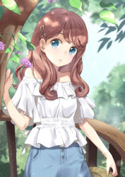Rule 34 | 1girl, arm up, bare shoulders, blue eyes, blue skirt, blurry, blurry background, breasts, brown hair, day, flower, hair ornament, hairclip, handrail, head tilt, lilac, long hair, looking at viewer, off-shoulder shirt, off shoulder, original, outdoors, parted lips, shirt, short sleeves, skirt, small breasts, solo, standing, tree, unya (unya-unya), upper body, white shirt