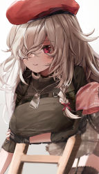 Rule 34 | 1girl, absurdres, beret, black gloves, black shirt, black thighhighs, blush, braid, breasts, closed mouth, feet out of frame, fingerless gloves, g36c (girls&#039; frontline), g36c (red beret) (girls&#039; frontline), garter straps, girls&#039; frontline, gloves, grey hair, hair between eyes, hair over one eye, harness, hat, highres, jewelry, large breasts, leaning forward, long hair, looking at viewer, necklace, official alternate costume, plaid, plaid skirt, purple eyes, shikihutuka, shirt, short sleeves, single braid, skirt, smile, solo, standing, thighhighs, turtleneck, upper body, white background
