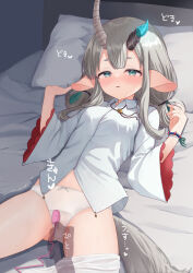 Rule 34 | 1girl, animal ears, aqua eyes, bed, bed sheet, black skirt, blue eyes, blush, borrowed character, bow, bow panties, breasts, clothes pull, commission, egg vibrator, grey hair, highres, horns, jewelry, layered sleeves, long hair, long sleeves, looking at viewer, lying, no pants, on back, on bed, open mouth, original, panties, pantyhose, pantyhose around one leg, pantyhose pull, parted lips, pillow, pointy ears, pov, pov hands, pussy juice, ribbon, sese nagi, sex toy, shirt, skeb commission, skirt, small breasts, solo, tail, thick eyebrows, twintails, underwear, vibrator, vibrator cord, wet, wet clothes, wet panties, white hair, white panties, white pantyhose, white shirt, wide sleeves, wristband