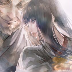 Rule 34 | 1boy, 1girl, amplehiko, beard, black hair, blue eyes, blunt bangs, chinese commentary, closed eyes, commentary request, eyes visible through hair, facial hair, facial tattoo, final fantasy, final fantasy xiv, from side, gosetsu daito, green kimono, happy, highres, hyur, japanese clothes, kimono, long hair, looking at another, old, old man, parted lips, portrait, realistic, smile, straight hair, tattoo, weibo logo, weibo watermark, white background, yotsuyu goe brutus