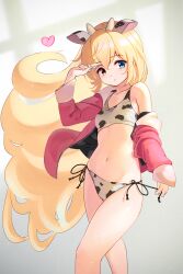 Rule 34 | 1girl, 2021, alternate costume, alternate hairstyle, animal ears, animal print, arm at side, arm up, bikini, black ribbon, blonde hair, blue eyes, blurry, blurry background, breasts, chestnut mouth, chinese zodiac, collarbone, commentary request, cow ears, cow horns, cow print, cowboy shot, curvy, eyelashes, eyepatch, eyepatch pull, fake animal ears, fake horns, floating hair, grey background, hair between eyes, hair down, hairband, head tilt, heart, heterochromia, highres, horns, jacket, light blush, long hair, long sleeves, looking at viewer, nakatsu shizuru, navel, off shoulder, open clothes, open jacket, open mouth, pulling own clothes, red jacket, rewrite, ribbon, shiny skin, side-tie bikini bottom, simple background, single bare shoulder, small breasts, solo, standing, stomach, swimsuit, tagame (tagamecat), thighs, very long hair, white bikini, white hairband, wide sleeves, window, year of the ox, yellow eyes