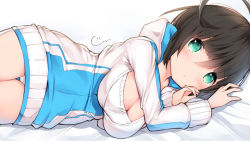 Rule 34 | 1girl, ahoge, bed sheet, black hair, blush, breasts, cisyo, cleavage, closed mouth, commentary request, green eyes, hair between eyes, highres, jacket, large breasts, long sleeves, looking at viewer, lying, on side, original, panties, signature, solo, underwear, white background, white jacket, white panties