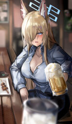 Rule 34 | 1girl, absurdres, alcohol, animal ears, beer, beer mug, black bra, blonde hair, blue archive, blue eyes, blue halo, blue shirt, blue skirt, blurry, blush, bra, breasts, cleavage, collarbone, collared shirt, cup, depth of field, dog ears, food, hair over one eye, halo, highres, holding, holding cup, indoors, kanna (blue archive), large breasts, long hair, long sleeves, looking at viewer, mug, open mouth, partially unbuttoned, sharp teeth, shirt, shirt tucked in, sitting, skirt, slug 1356, solo, sweat, teeth, underwear, upper teeth only, very long hair