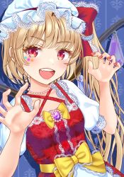 Rule 34 | 1girl, :d, adapted costume, blonde hair, blue background, bow, breasts, brooch, claw pose, collarbone, commentary request, crystal, dress, drop shadow, eyelashes, fang, flandre scarlet, floral print, gem, hat, hat bow, highres, jewelry, lace, lace trim, lips, looking at viewer, mob cap, nail polish, necklace, one side up, open mouth, pearl necklace, puffy short sleeves, puffy sleeves, red bow, red dress, red eyes, red nails, short hair, short sleeves, small breasts, smile, solo, star (symbol), sticker, touhou, uemura shun, upper body, v-shaped eyebrows, wall, white hat, wings, yellow bow
