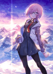 Rule 34 | 1girl, bad id, bad pixiv id, black-framed eyewear, black dress, dress, fate (series), glasses, hair over one eye, hood, hoodie, legs apart, lens flare, looking at viewer, mash kyrielight, matsuha shuu, mountain, necktie, open clothes, open hoodie, outdoors, pantyhose, parted lips, red necktie, short dress, short hair, smile, snow, solo, standing
