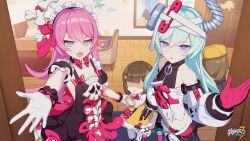 Rule 34 | 3girls, :o, bare shoulders, breasts, brown hair, chair, child, couch, dress, gloves, hair between eyes, highres, holding hands, honkai (series), honkai impact 3rd, indoors, liliya olenyeva, looking at viewer, mat, multiple girls, no eyes, official alternate costume, official art, official wallpaper, open hand, painting (object), pink hair, pink ribbon, purple eyes, ribbon, rozaliya olenyeva, siblings, sisters, skull, small breasts, standing, stuffed animal, stuffed toy, upper body, v-shaped eyebrows, white gloves, yellow dress