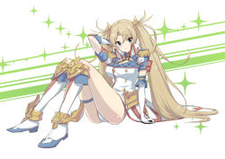 Rule 34 | 1girl, arm support, arm up, blonde hair, blue eyes, boots, bradamante (fate), bradamante (second ascension) (fate), braid, breasts, cleavage, closed mouth, crown braid, elbow gloves, epaulettes, fate/grand order, fate (series), full body, gloves, green322, hair between eyes, hair ornament, knee boots, large breasts, leotard, long hair, looking at viewer, short sleeves, sitting, smile, solo, thigh strap, twintails, very long hair, white footwear, white gloves, white leotard
