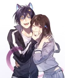 Rule 34 | 1boy, 1girl, :d, :t, animal ears, black hair, black jacket, blue eyes, brown hair, cat ears, cat tail, cheek squash, commentary request, cowboy shot, dated, hair between eyes, hand on another&#039;s face, hand on another&#039;s waist, highres, holding hands, iki hiyori, jacket, kemonomimi mode, long hair, long sleeves, looking at viewer, navel, noragami, one eye closed, open mouth, pink eyes, purple jacket, purple skirt, shirt, short hair, side-by-side, signature, simple background, skirt, slit pupils, smile, standing, tail, track jacket, white background, white shirt, xuchuan, yato (noragami)