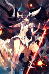 Rule 34 | 10s, 1girl, abyssal ship, anchorage water oni, bare shoulders, black hair, colored skin, covering own mouth, da-kuro, dakuro, dress, gradient hair, highres, kantai collection, long hair, long legs, looking at viewer, machinery, multicolored hair, overskirt, pale skin, red eyes, solo, torn clothes, torn dress, very long hair, white dress, white skin