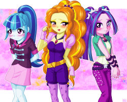 Rule 34 | 3girls, adagio dazzle, aqua hair, aria blaze, armband, blue hair, blue skin, blush, colored skin, embarrassed, eyeshadow, fingerless gloves, gloves, hair tie, jewelry, long eyelashes, long hair, makeup, multicolored hair, multiple girls, my little pony, my little pony: equestria girls, my little pony: friendship is magic, necklace, pendant, personification, pink eyes, ponytail, purple eyes, purple hair, skirt, sonata dusk, twintails, two-tone hair, uotapo, yellow skin