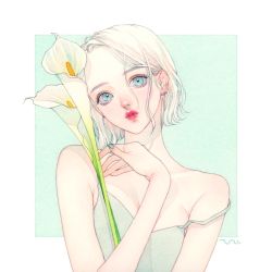 Rule 34 | 1girl, aqua eyes, aqua nails, bare shoulders, calla lily, flower, holding, holding flower, looking at viewer, nail polish, original, parted lips, shadow, short hair, solo, strap slip, upper body, white flower, white hair, zizizy