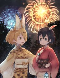 Rule 34 | 10s, 2girls, adapted costume, animal ears, bionekojita, black hair, black sky, closed mouth, commentary request, eye contact, feather hair ornament, fireworks, hair between eyes, hair ornament, hat feather, holding, japanese clothes, kaban (kemono friends), kemono friends, kimono, long sleeves, looking at another, multiple girls, night, night sky, open mouth, outdoors, print kimono, red kimono, sash, serval (kemono friends), serval print, short hair, sky, smile, tree, watch, wide sleeves, wristwatch
