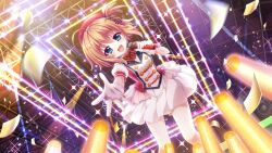 Rule 34 | 1girl, ahoge, band uniform, beret, black stripes, blue eyes, bow, breasts, brown hair, concert, confetti, dot nose, film grain, from below, game cg, gloves, glowstick, hair bow, hat, holding, holding microphone, idol, idol clothes, izumi tsubasu, looking at viewer, medium breasts, microphone, neon lights, non-web source, official art, one side up, open mouth, rafters, re:stage!, reaching, reaching towards viewer, red hat, red stripes, shikimiya mana, short hair, short sleeves, skirt, smile, solo, sparkle, speaker, stage, stage lights, striped, striped bow, white gloves, white skirt, white uniform