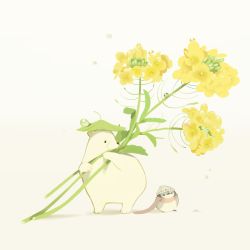 Rule 34 | animal focus, artist name, bear, bird, chai (drawingchisanne), dew drop, flower, holding, holding flower, leaf, leaf on head, no humans, original, penguin, pink scarf, rapeseed blossoms, scarf, simple background, water drop, white background