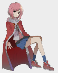 Rule 34 | 1girl, ai-chan (pixiv29351299), blue skirt, blue socks, cape, full body, invisible chair, koharu yoshino, medium hair, pink hair, red cape, red eyes, red footwear, sakura quest, shoes, simple background, sitting, skirt, sneakers, socks, solo