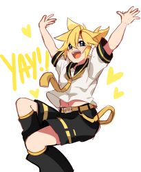 Rule 34 | 1boy, absurdres, arms up, bad id, bad twitter id, black collar, black shorts, blonde hair, blue eyes, blush, collar, commentary, ei flow, english commentary, english text, feet out of frame, heart, highres, jumping, kagamine len, leg warmers, looking at viewer, male focus, necktie, open mouth, sailor collar, school uniform, shirt, short ponytail, short sleeves, shorts, smile, solo, spiked hair, vocaloid, white shirt, yellow necktie