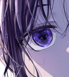 Rule 34 | 1girl, asahina mafuyu, chromatic aberration, close-up, commentary request, crying, crying with eyes open, eye focus, hair between eyes, highres, light particles, looking at viewer, mahiru yura, project sekai, purple eyes, purple hair, purple theme, rain, shadow, sidelocks, simple background, solo, sparkle, tears, twitter username, water drop, wet, wet face, wet hair, white background